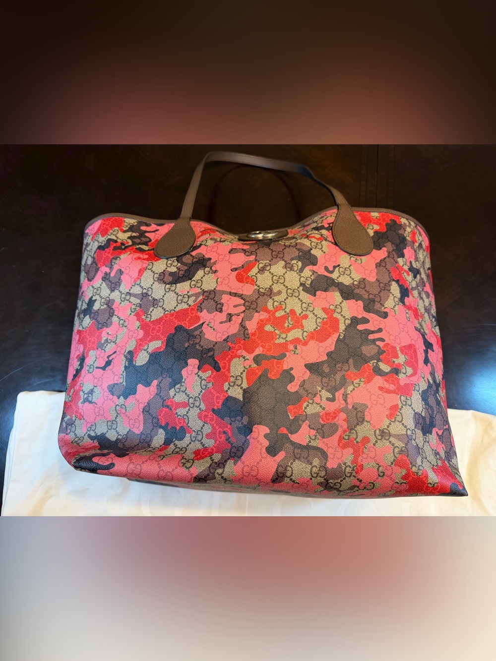 New Authentic Gucci GG Supreme Logo Floral Tote Large and Pouch Pink Brown - Picture 10 of 16